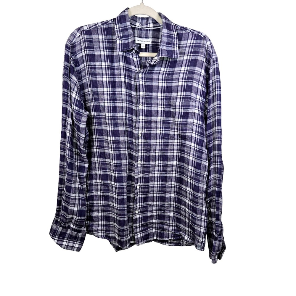 Peter Millar Mens Blue‎ White Plaid Linen Blend Button Down Shirt MS23W76LUF M